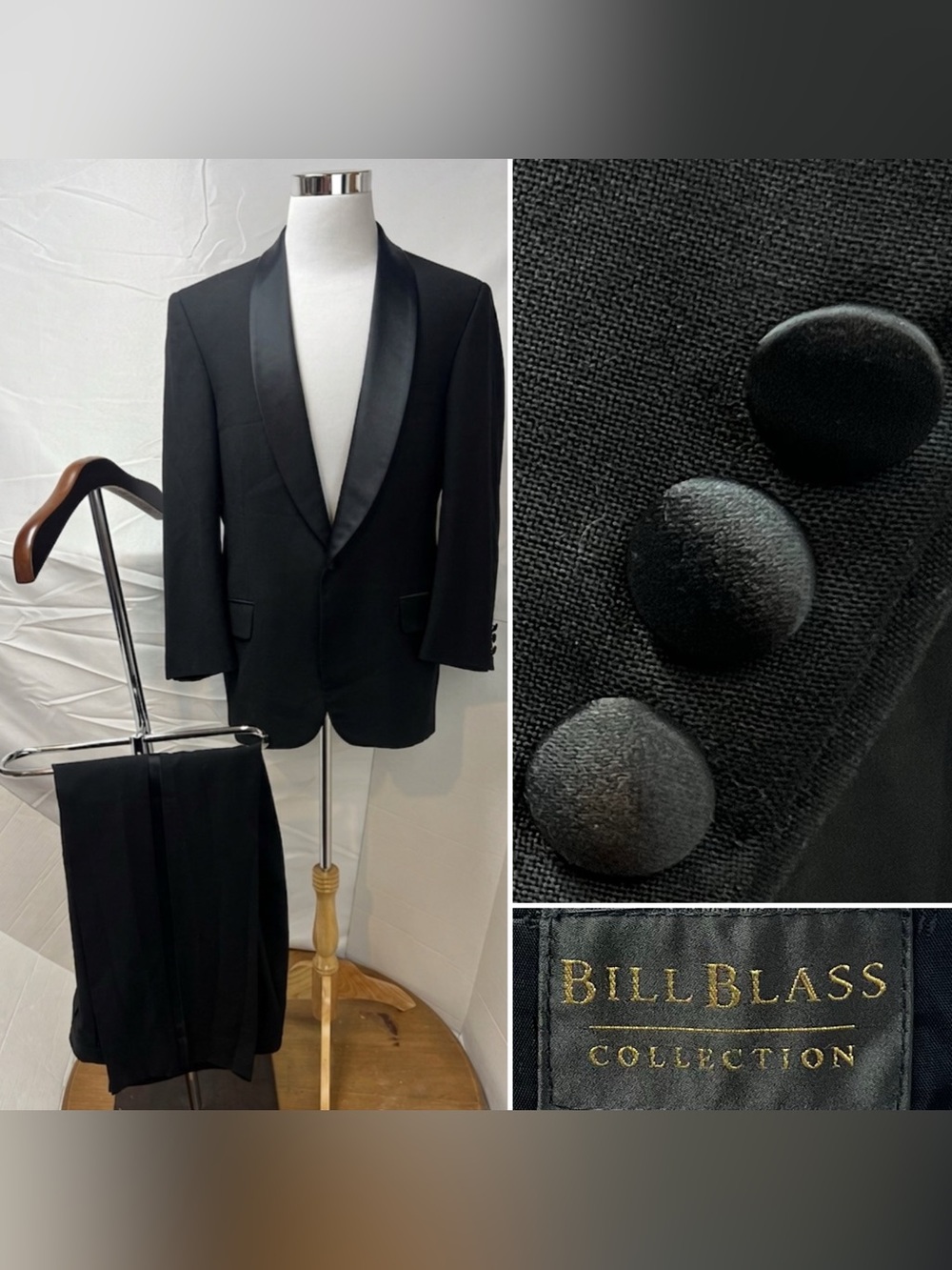 Bill Blass Vintage Men's 40R Blazer 34x31 Pants Black Satin Shawl Collar Tuxedo